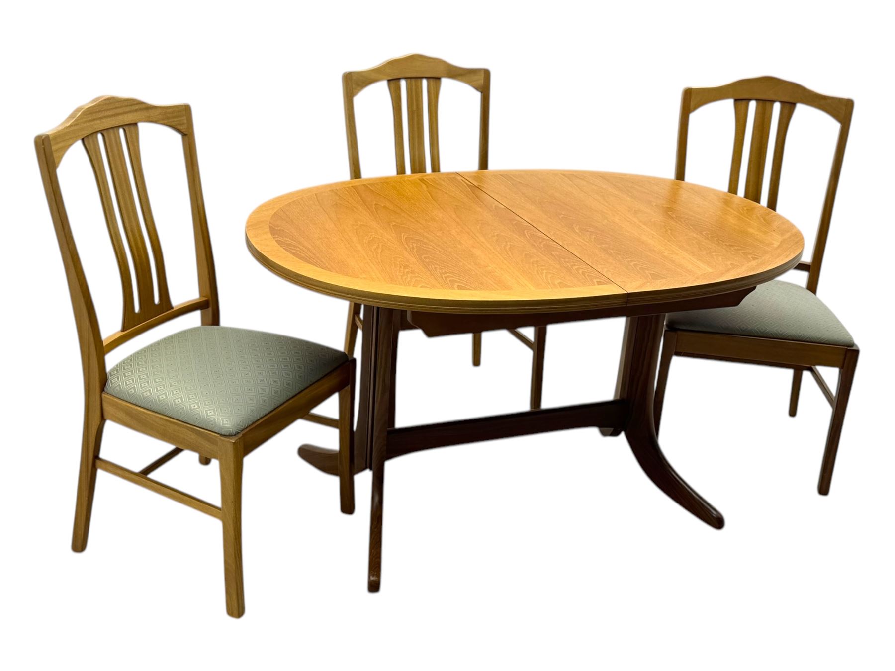 G-Plan - mid-20th century teak extending dining table, oval top with concealed central butterfly leaf extension, raised on splayed supports with cross-stretcher; three dining chairs with curved top rail and vertical splats