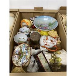 Royal Worcester tea cup and saucer, Royal Doulton Christmas Day 2001 figure and a collection of other ceramics, glassware and collectables, in five boxes 