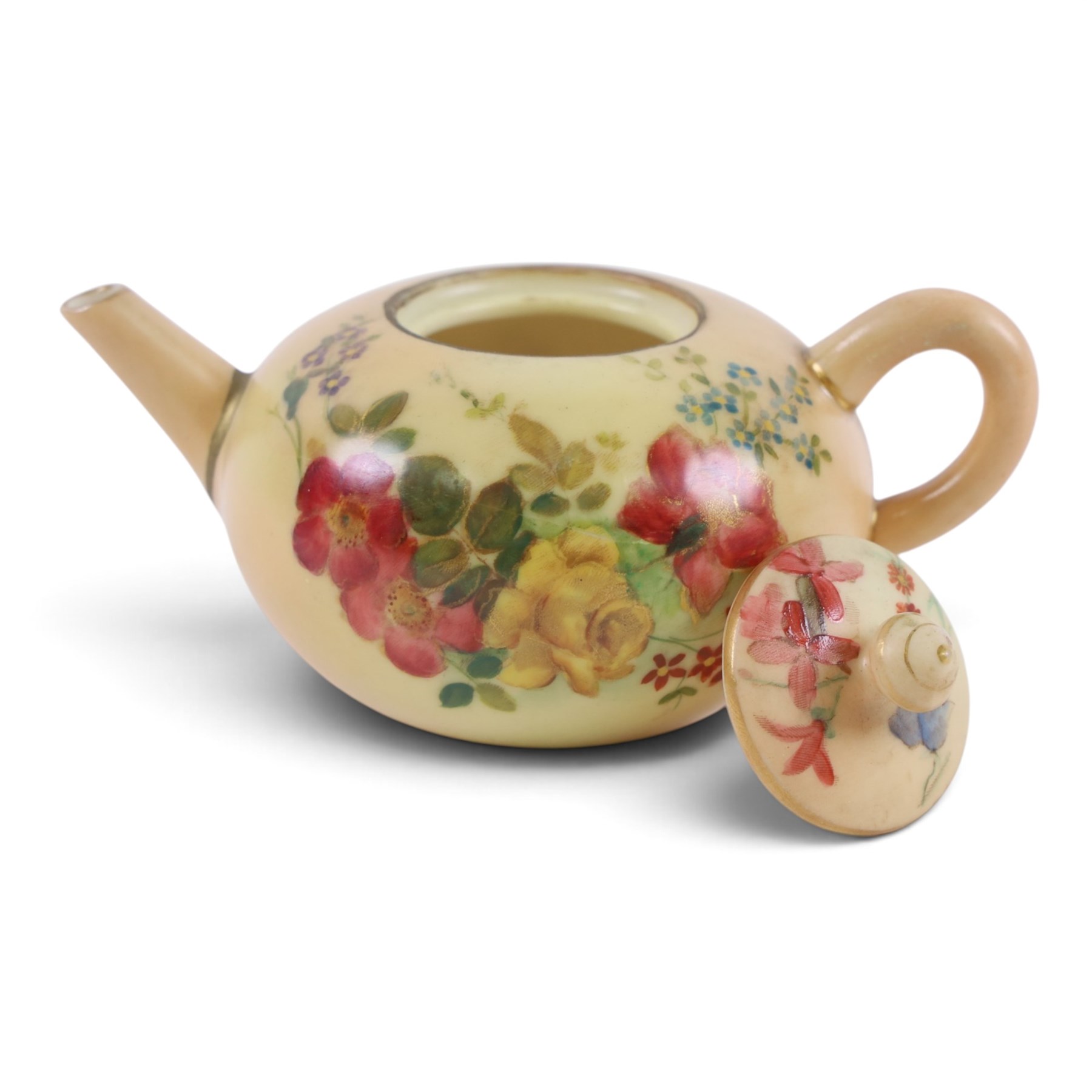 Royal Worcester blush ivory, including miniature teapot, two miniature tygs, two teacups and saucer and three miniature plates, teapot H8cm