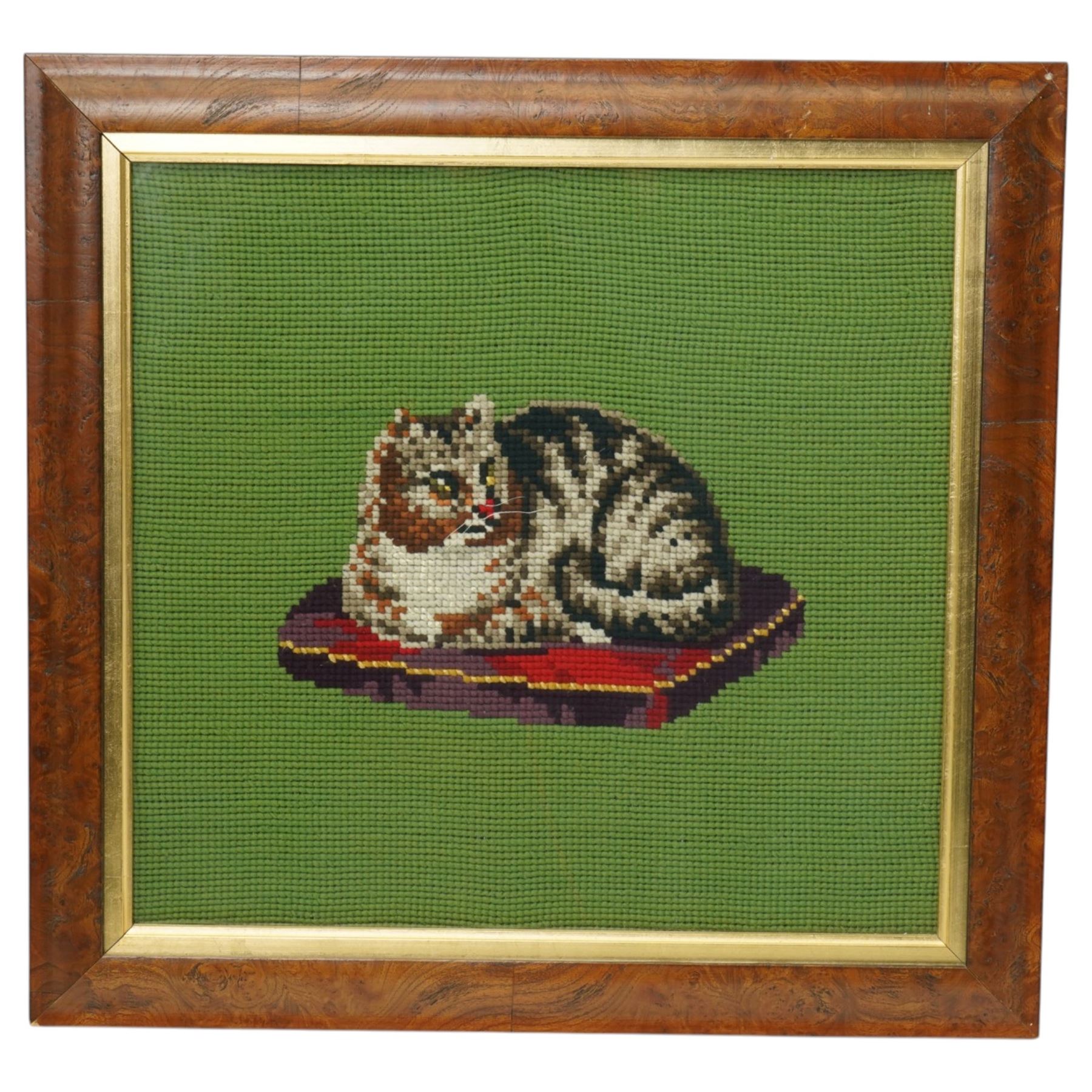  Pair of Victorian needlework pictures of cat and dog 40cm x 41cm and two other needlework pictures (4)