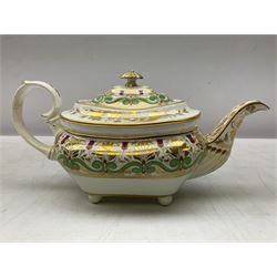 Late 18th century Newhall commode shaped teapot, decorated in 295 pattern, together with early 19th century Derby silver shape teapot, decorated with green and gilt foliate scrolls, Derby teapot H16cm