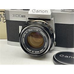 Canon FTb camera body, serial no. 715838, with 'Canon FD 50mm 1:1.8' lens, serial no. 207888, in original box, together with Canon FTb camera body, serial no. 557817, with 'Canon FD 35mm 1:3.5 S.C' lens, serial no. 126210 and Canon EX Auto camera body, serial no. 296244 with 'Canon EX 50mm 1:1.8' lens, serial no. 380869  