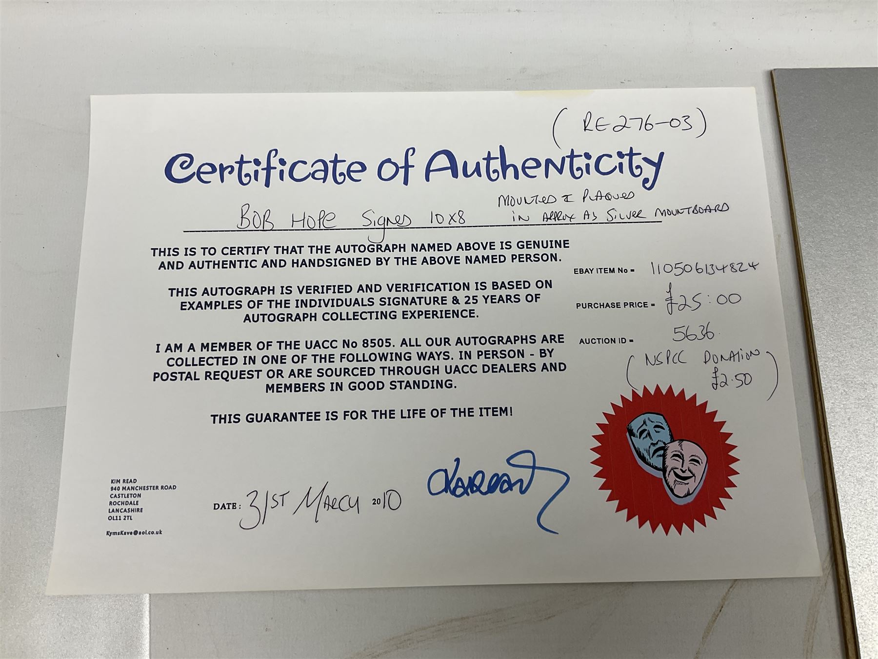 Dame Vera Lynn - collection of six signatures comprising TLS, album page and four colour photographs (including White Cliffs of Dover); signed photograph of John Mills; and signed photographs of film stars each with CoA including Bob Hope, Charlton Heston, Gene Autry, Sound of Music Julie Andrews and Christopher Plummer and Joanna Lumley