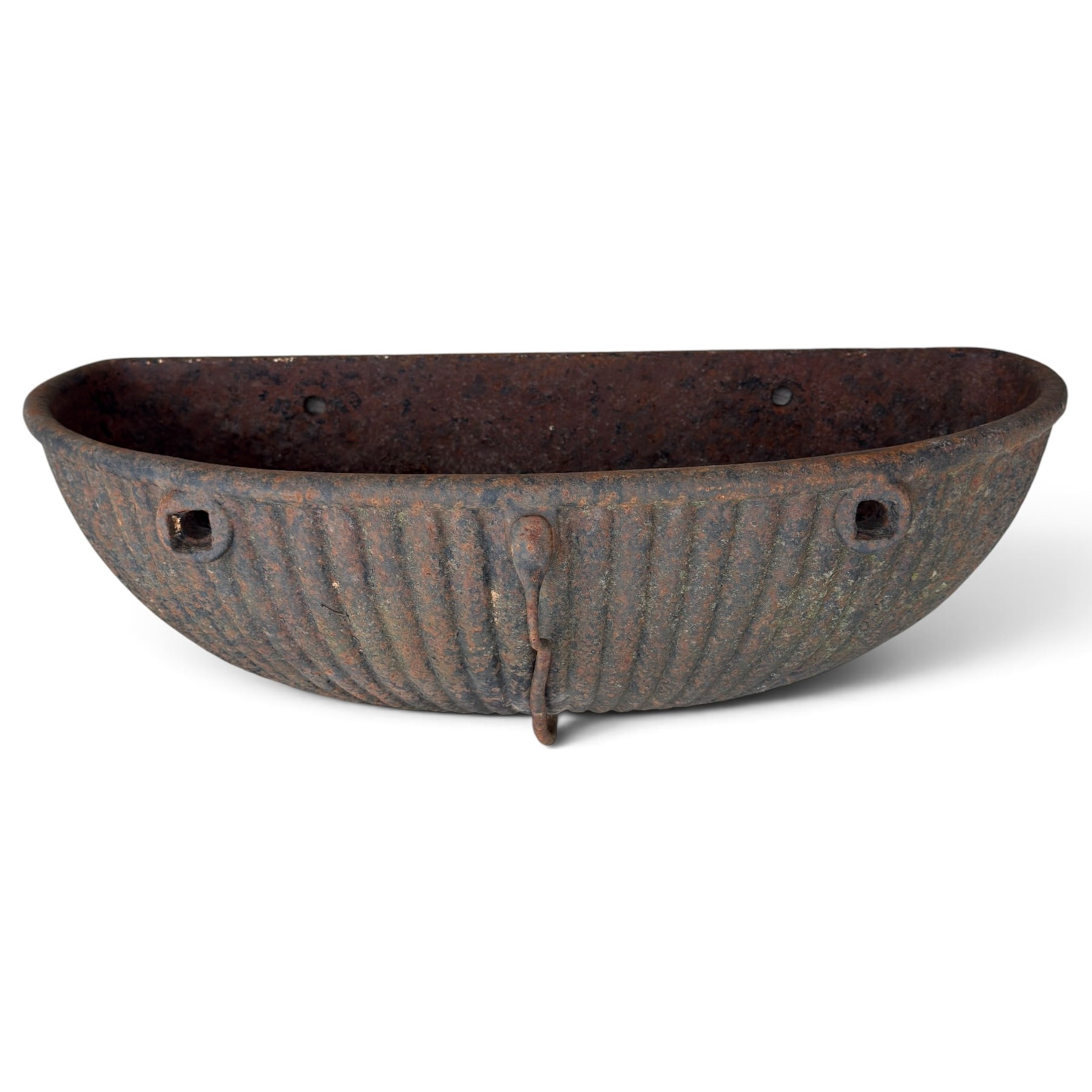Pair of Victorian wrought iron D-shaped planters, rolled rim over a gadrooned body with fixing holes and ring to the front