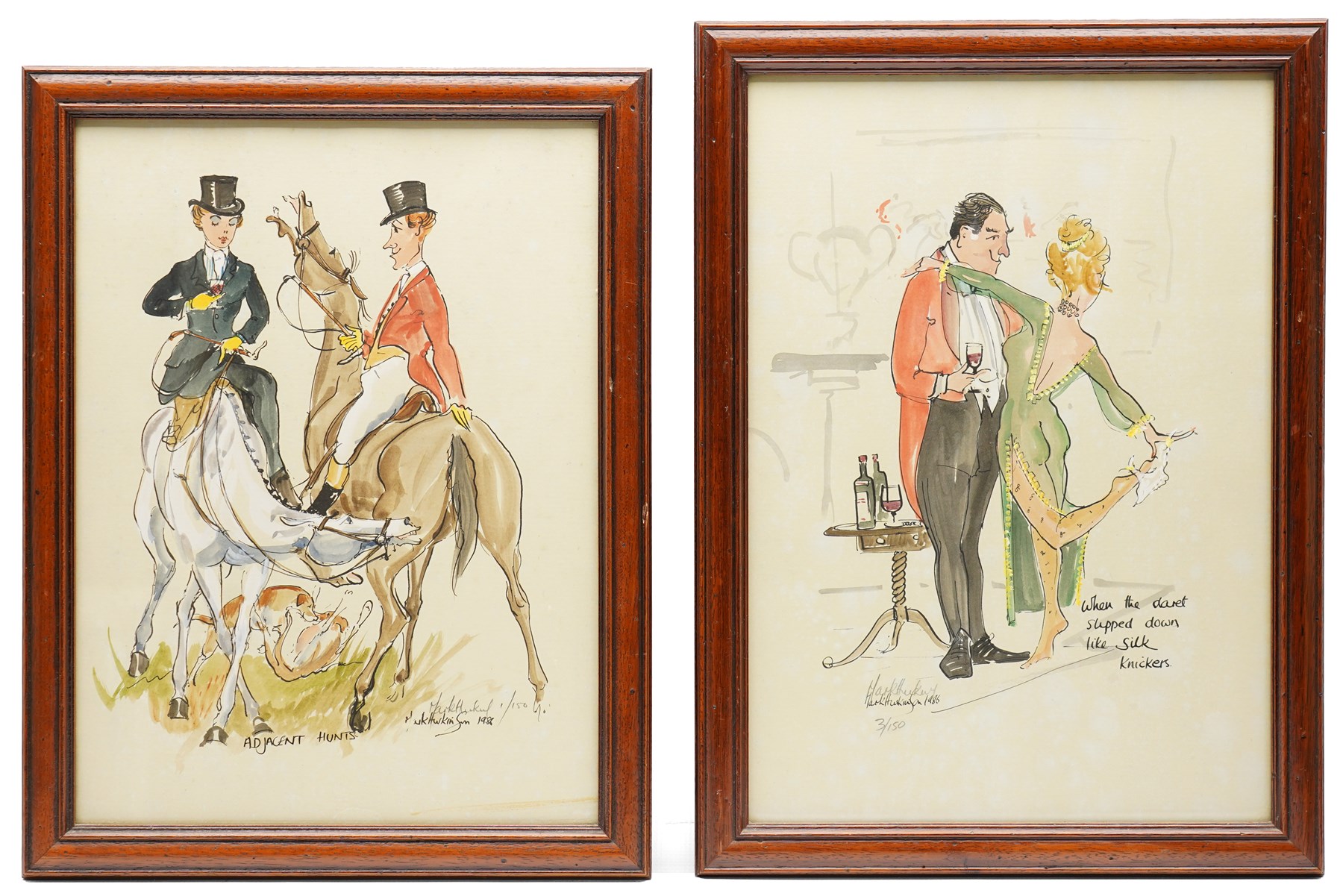 Mark Huskinson (British 1935-2018): 'Adjacent Hunts' and 'When the Claret Slipped Down like Silk Knickers', pair of limited edition prints finished with watercolour and acrylic signed and numbered 1/150 and 3/150 in pencil max 43.5cm x 30.5cm (2)