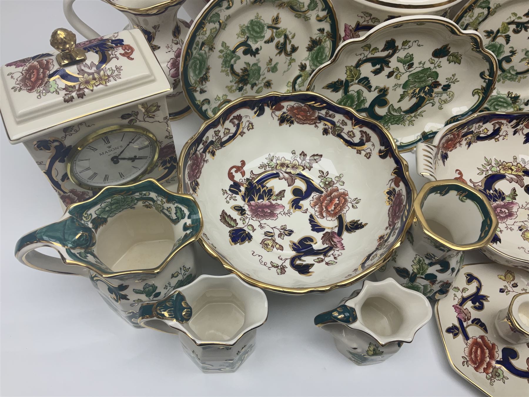 Collection of Masons Mandalay pattern, to include clock, covered vase, jugs, etc, and other Masons Chartreuse pattern items 
