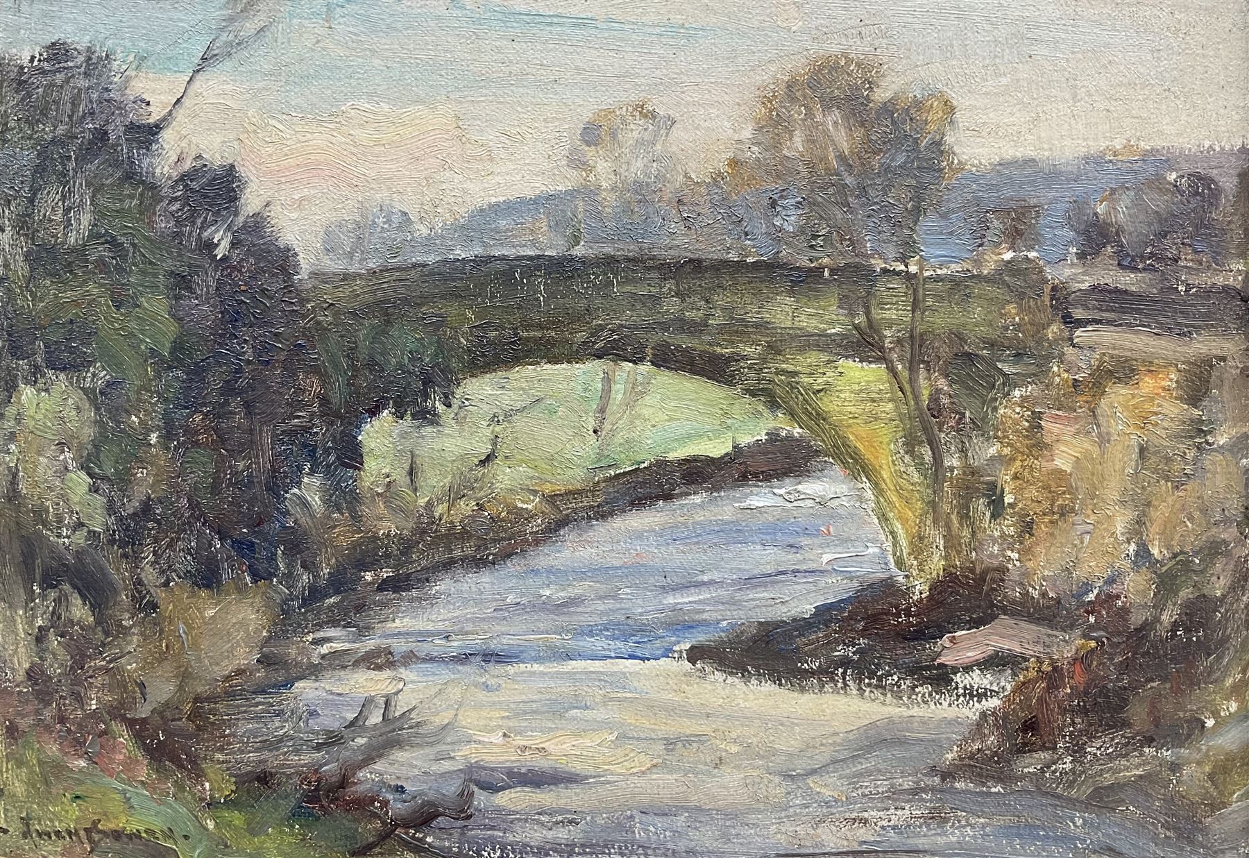 Owen Bowen (Staithes Group 1873-1967): A Stone Bridge at Dusk, oil on canvas laid on board signed 24cm x 34cm