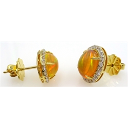  Pair of fire opal and round brilliant cut diamond gold (tested 18ct) stud ear-rings, opals 2.8 carat, diamonds 0.65 carat  