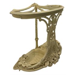 Coalbrookdale style cast iron hallstand, white painted, curved demi-lune form cast with shell motif, scrolls and acanthus leaves