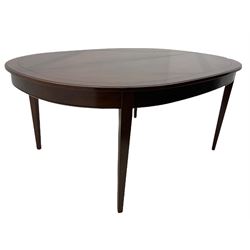 Grange Furniture - cherry wood finish oval extending dining table on square tapering supports, and a set of eight dining chairs with curved backs and upholstered seats 