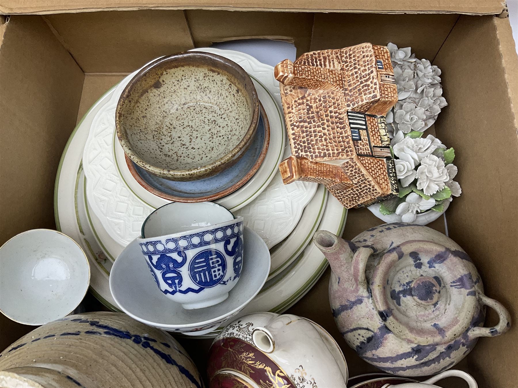 Twin handled cache pot in the style of Herend Hungary, stamped VA Portugal, decorated with birds upon branches, Mason's Ironstone large footed bowl in the Mandarin pattern, Spode Gainsborough bowl, Royal Doulton Bird of Paradise plate c1938 D4602, lustre plates, Aynsley, oriental style lidded vase, Portmeirion, lattice creamware, J & G Meakin Sol, Wedgwood, studio pottery, Spode York Minister boxed plate etc
