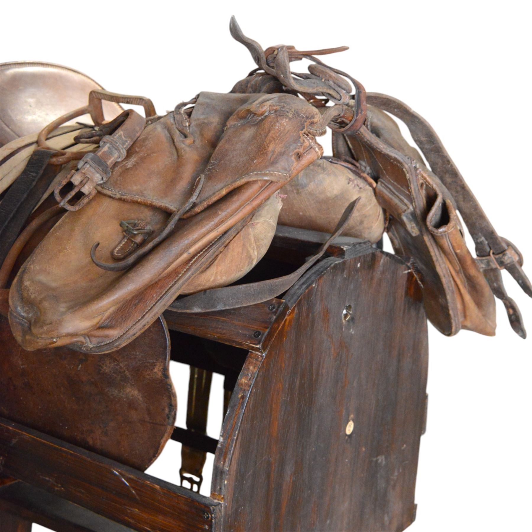 WWI French cavalry 17'' saddle, model 1916, with leather saddle bags, stirrups, girth and bit  