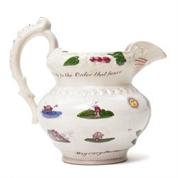 19th century Staffordshire Royal United Free Mechanics jug, with various masonic motifs, including many Biblical scenes, and slogans such as 'May every Brother have a heart to feel, and a hand to give', H16cm 