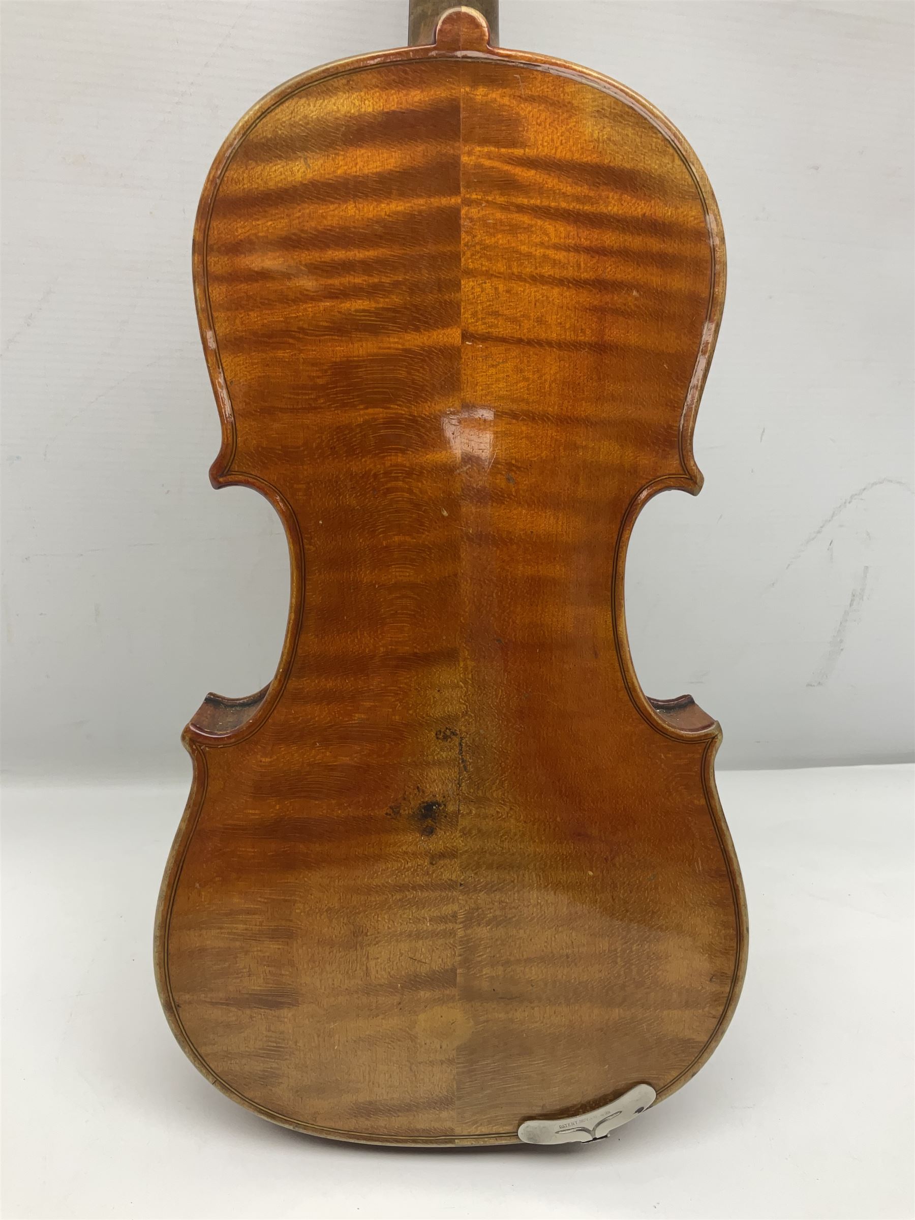 German violin c1900 for re-assembly with 36cm two-piece maple back and ribs and spruce top; L59cm; in ebonised wooden 'coffin' case with two bows