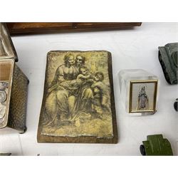 Assorted collectables to include WMF hammered cigarette box, wall mounted wooden display case, resin and silver, hallmarked, paperweight featuring Our Lady, a collection of Greek coins, ranging in dates, post war tin plate Matchbox military vehicles, Alphax I baby projector, with screen, etc  