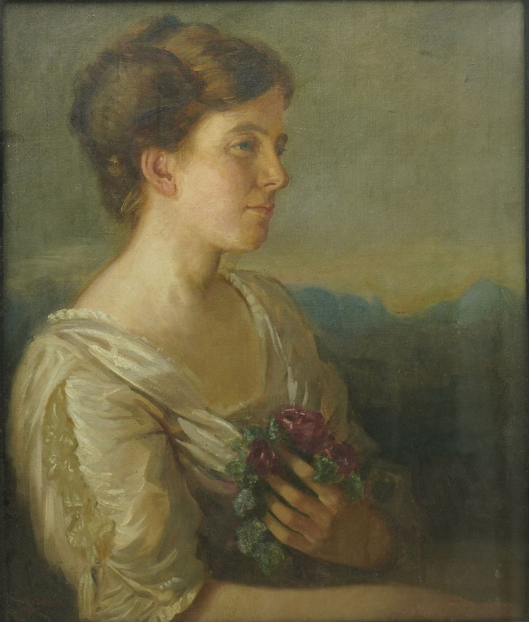 Eric B George (British 19th/20th Century): Portrait of an Edwardian Lady Holding Roses, oil on canvas signed and dated 1910, 60cm x 50cm