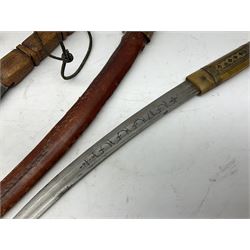 Near pair of African Moroccan Berber tribal Shula daggers each with engraved 39cm curving fullered steel blade, carved and inlaid horn grip and leather covered scabbard L57cm overall; kindjal style dagger with brass covered and jewelled grip and scabbard; another Eastern dagger with leather covered grip and scabbard; and a large Eastern knife with animal hide scabbard (5)