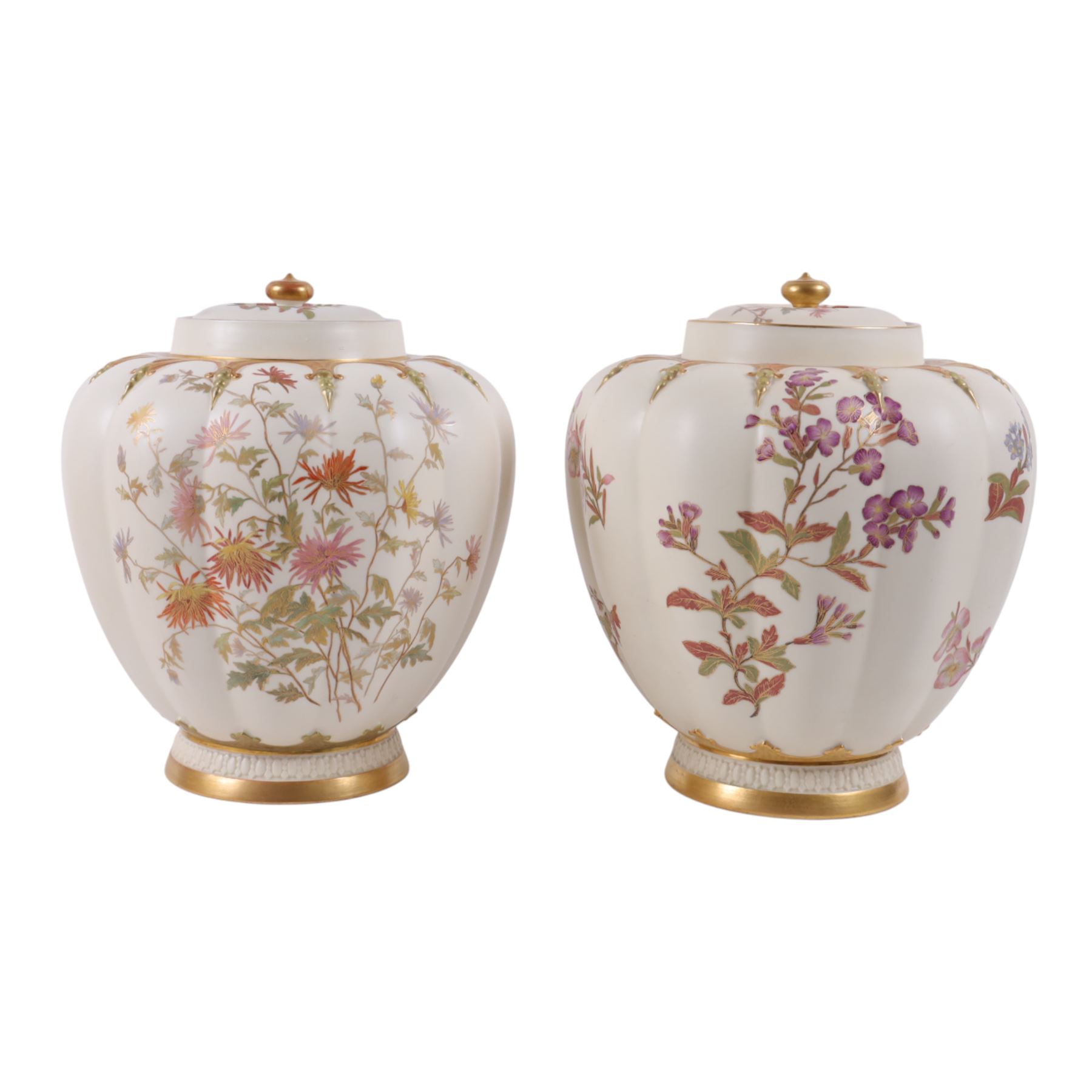 Royal Worcester pair of blush ivory jar and covers, painted with floral sprigs and gilding detail, with price mark beneath and numbered 1312,  H28cm