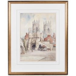 Albert Henry Findlay (British 1880-1975): 'Bootham Bar - York', watercolour signed and titled, 37cm x 27cm; together with a circular oil depicting Wollaton Hall, D21cm (2)
