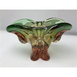 Four glass dishes, comprising of a fluted dish of green and pink glass, a large green dish and two examples with bubble inclusion, largest H16cm