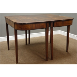  George III figured mahogany 'D' end sectional dining table with two leaves, square tapering supports, 'D' ends with double gate leg action bases, 104cm x 224cm, H72cm  