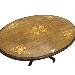 Victorian inlaid centre table, the oval moulded top inlaid with urns and foliate 
