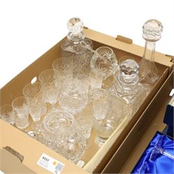 Set of eight cut wine glasses, boxed, glass decanters and table glass