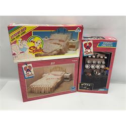 Sindy - furniture and accessories comprising dining suite with separate dresser; two beds; Garden Set; Music Centre; all  boxed; three-piece bedroom suite; settee; Hostess Trolley; two coffee tables; and four-piece bathroom suite including shower cubicle