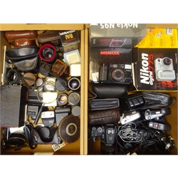  Minox Digital Classic camera 14.0, with instructions in wooden case and card outer, Nikon Coolpix 775 digital camera in box, Olympus XA2 & AF10 Canon ML & Sureshot, Minolta and Fujifilm S9600 AF cameras, Nokia N95 mobile phone in box and a qty of camera accessories incl. Miranda Yashica, Photax, Tokina lenses flashes, tripods, filters etc, qty  