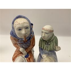 Three Rye Pottery Canterbury Tales figures, comprising The Miller, The Monk and The Franklin, together with a Canterbury Tale tile The Knight, tallest H24cm