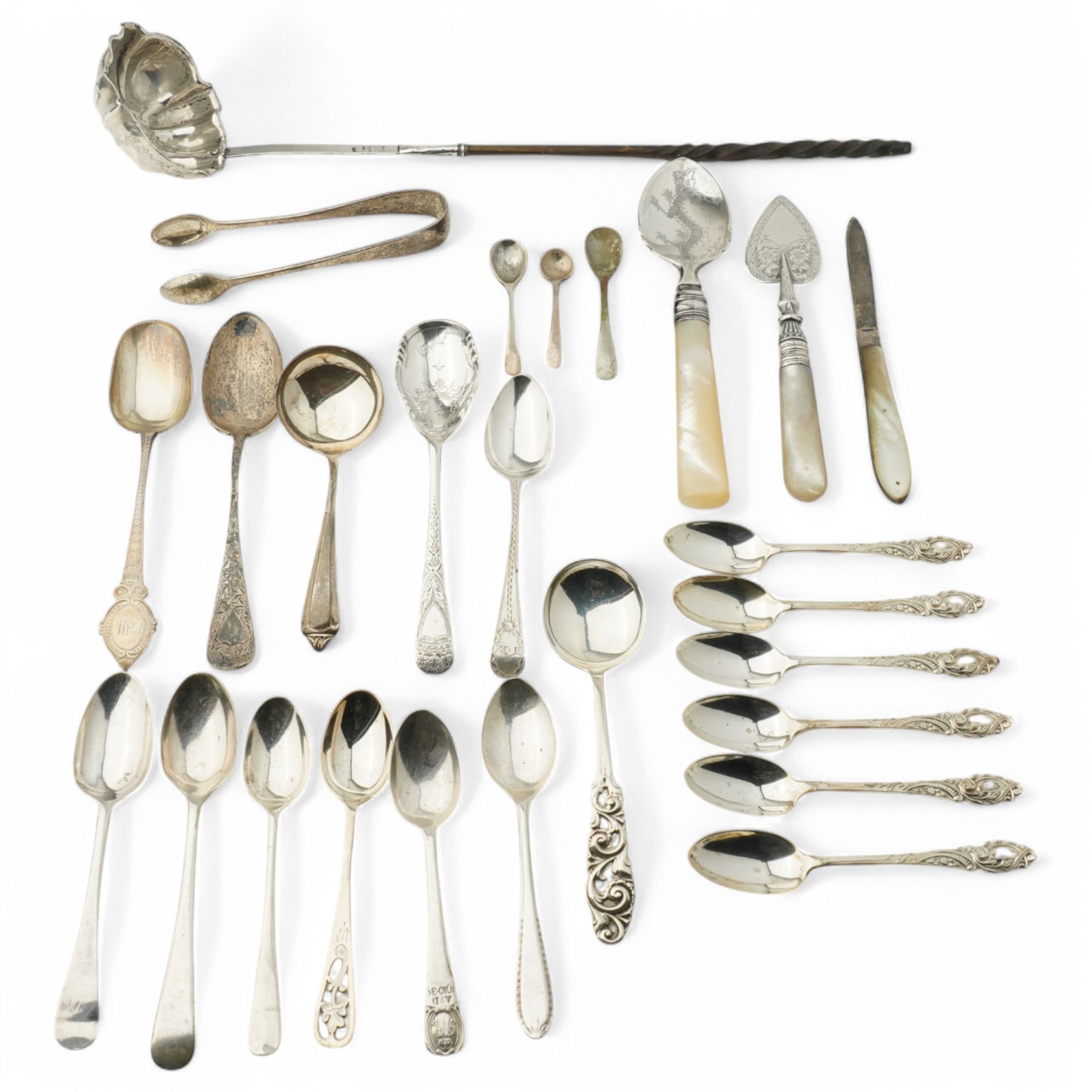 Set of six Edwardian silver coffee spoons London 1902 Maker Josiah Williams & Co, various other silver teaspoons, preserve spoons with mother of pearl handles, silver and mother of pearl fruit knife, early 19th century punch ladle, unmarked, etc