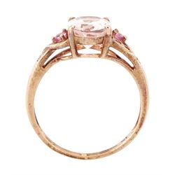 9ct rose gold morganite, pink sapphire and diamond ring, single oval cut morganite, with diamond and pink sapphire set shoulders, hallmarked