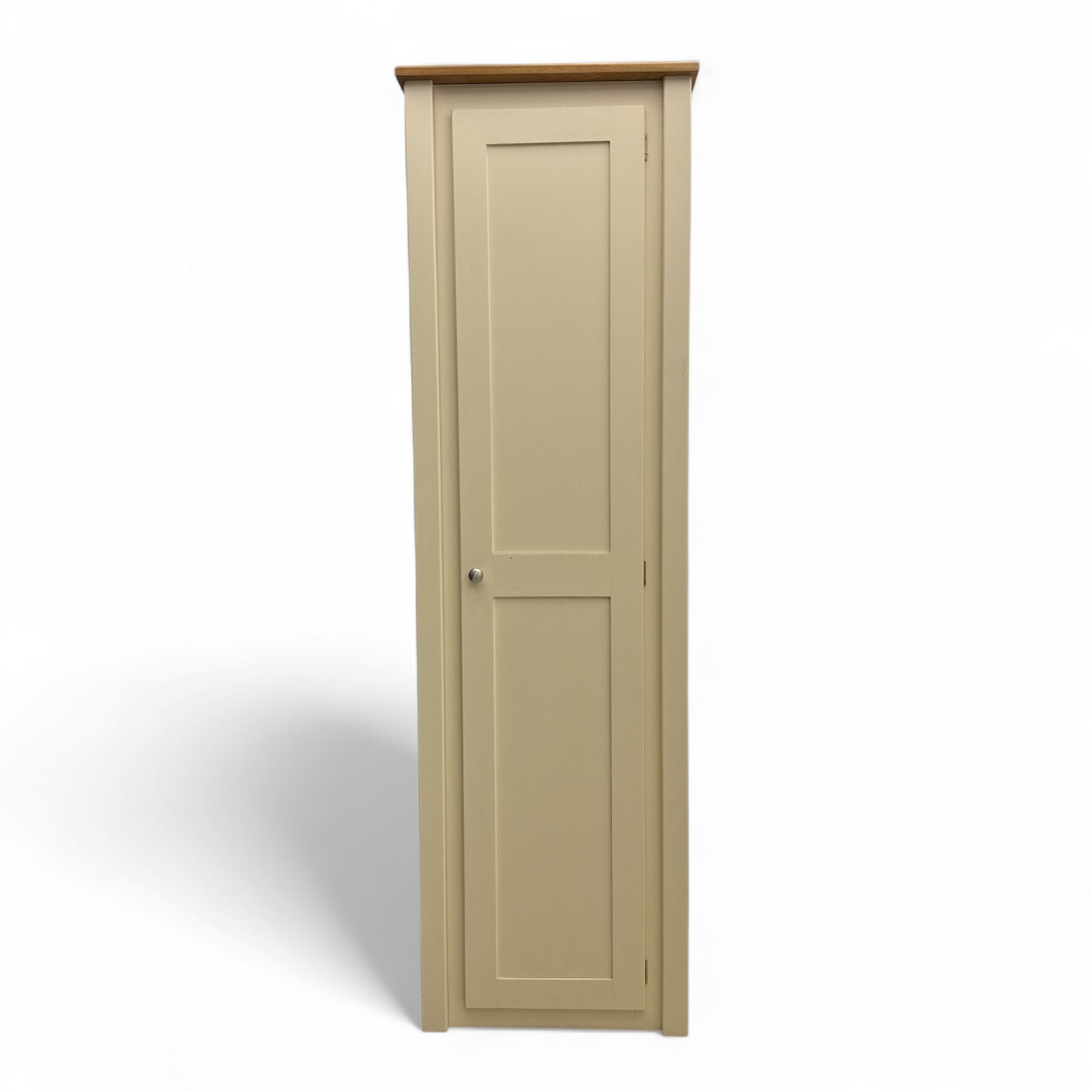 Contemporary painted pine single wardrobe, rectangular oak top over a single panelled door with round metal knob handle, enclosing part boarded interior with hanging rail and two fixed shelves