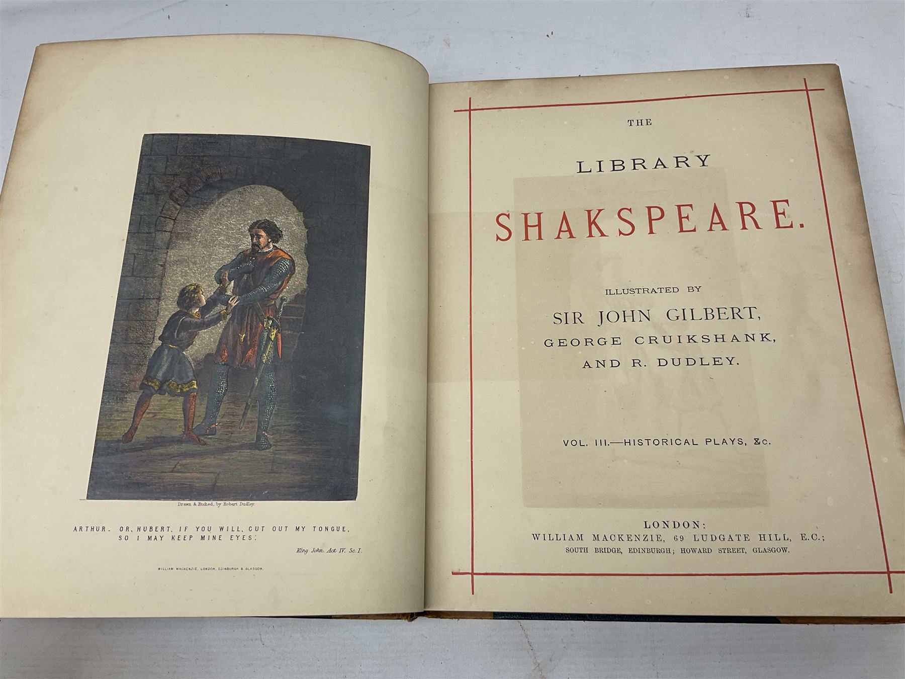 The Library Shakspeare Illustrated by Sir John Gilbert, George Cruikshank and R. Dudley with laid-in colour plates, three volumes, uniformly bound in half leather with a.e.g.