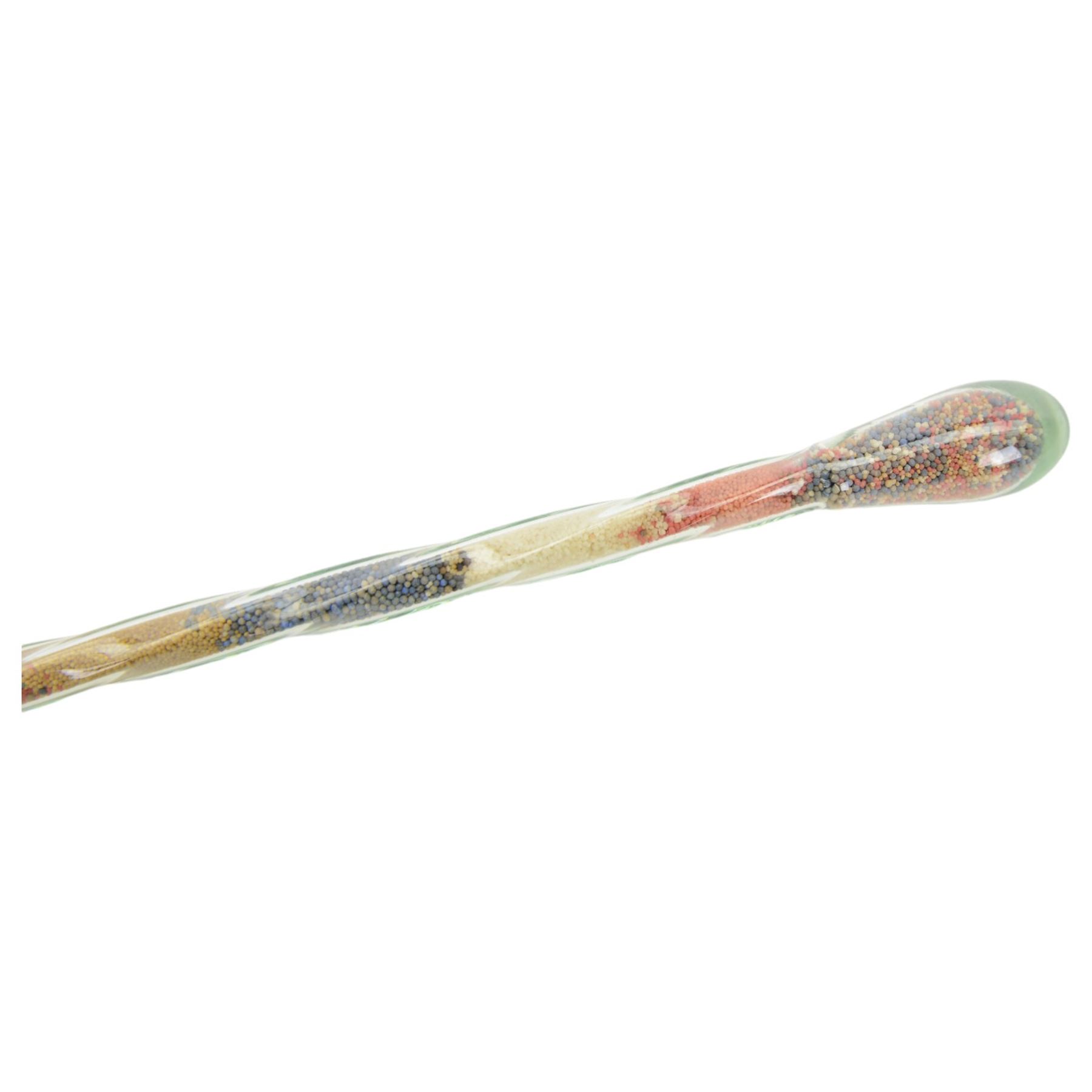 Four Victorian glass walking canes, to include two 'frigger' examples, one with blue twist design and two 'hundreds and thousands' examples, one with a knop finial and filled with micro beads, longest L105cm