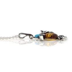 Silver Baltic amber and turquoise Kingfisher pendant necklace, stamped 925
