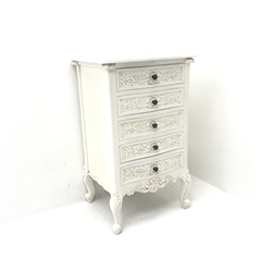 French style white finish pedestal chest, shaped top, five drawers, shell carved cabriole feet, W54cm, H91cm, D45cm