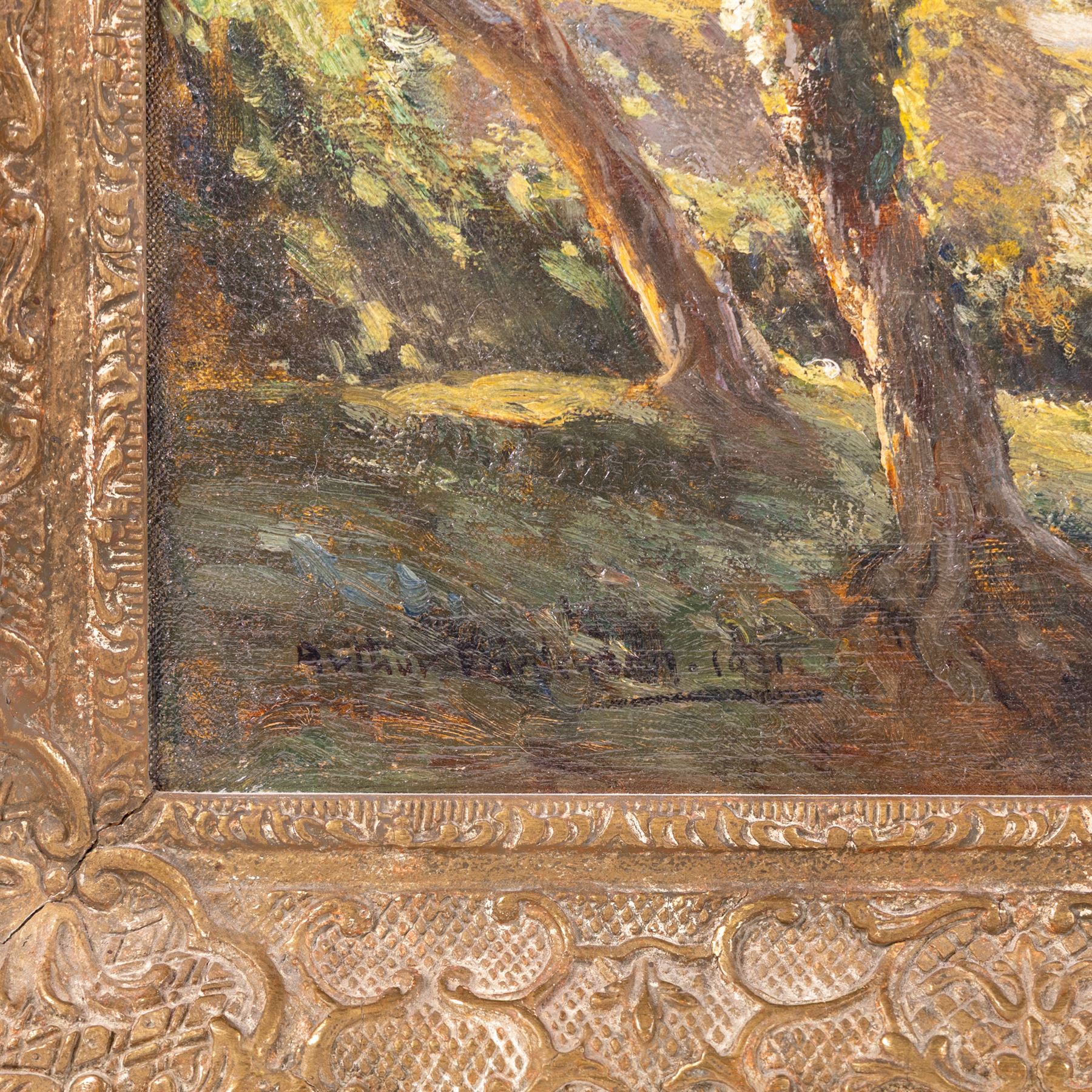 Arthur A Friedenson (Staithes Group 1872-1955): 'A Dorset Valley - Late Afternoon', oil on canvas signed and dated 1921, original title label verso 55cm x 75cm