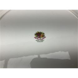 Royal Albert Old Country Roses pattern tea set, comprising teapot, coffee pot, six teacups and six saucers, five side plates, further teacup with joined saucer and side plate, open sucrier, milk jug, cake plate, and preserve pot and cover, together with Royal Albert Jubilee Rose pattern sauce boat and stand, and Royal Albert Lavender Rose pattern cake stand. 