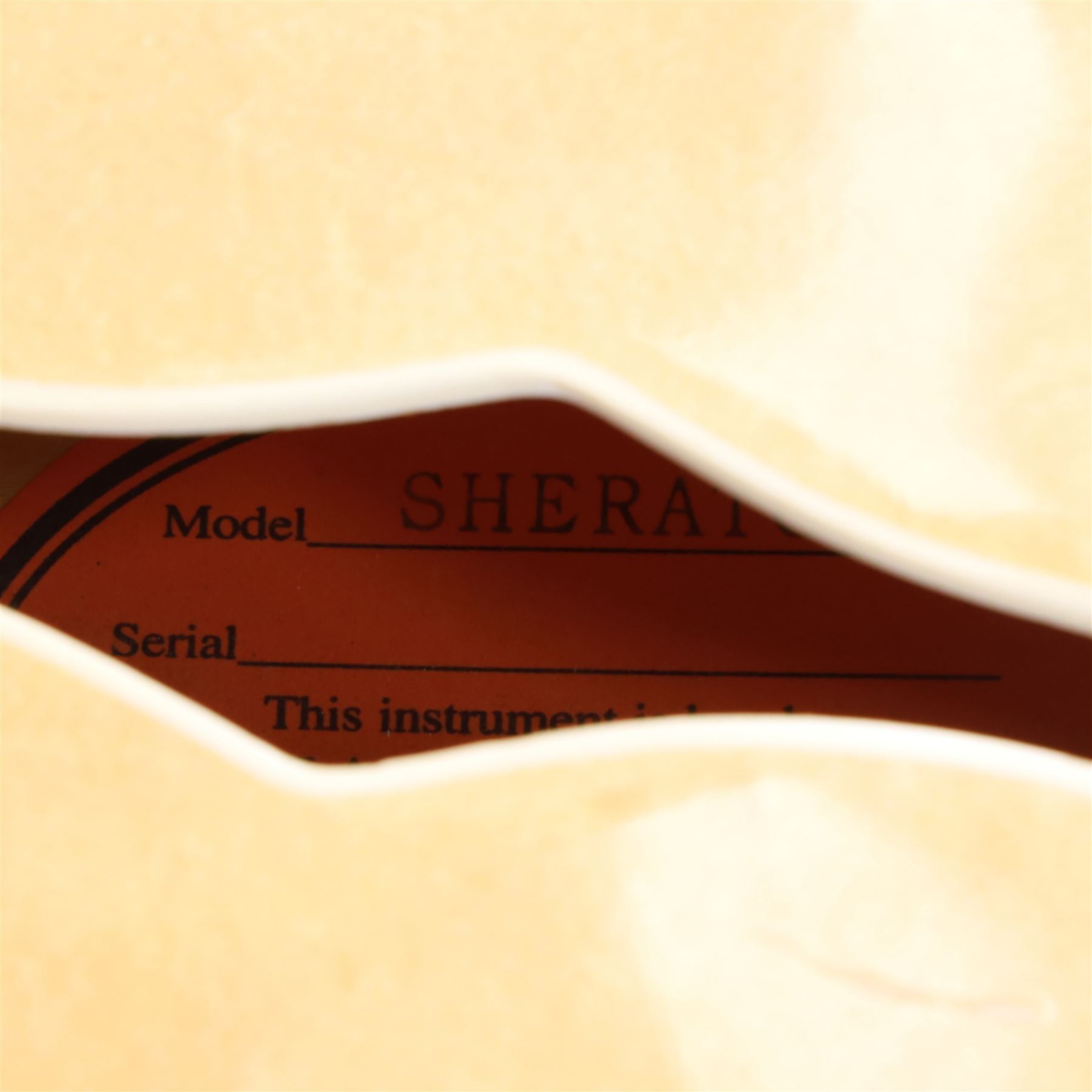 Epiphone by Gibson Sheraton semi-hollow electric guitar, serial no. S98081744 made in Korea c.1998, with natural blonde body, maple neck, fretboard with abalone and mother of pearl split block markers, with inlaid mother of pearl tree of life design and Epiphone logo to headstock, L109cm