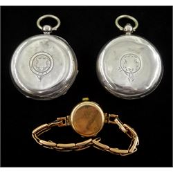 Early 20th century 9ct gold ladies manual wind wristwatch, on rose gold expanding link bracelet, stamped 9ct and two Victorian silver lever pocket watches, one by Lancashire Watch Co, Prescot, the other by American Watch Company, Waltham