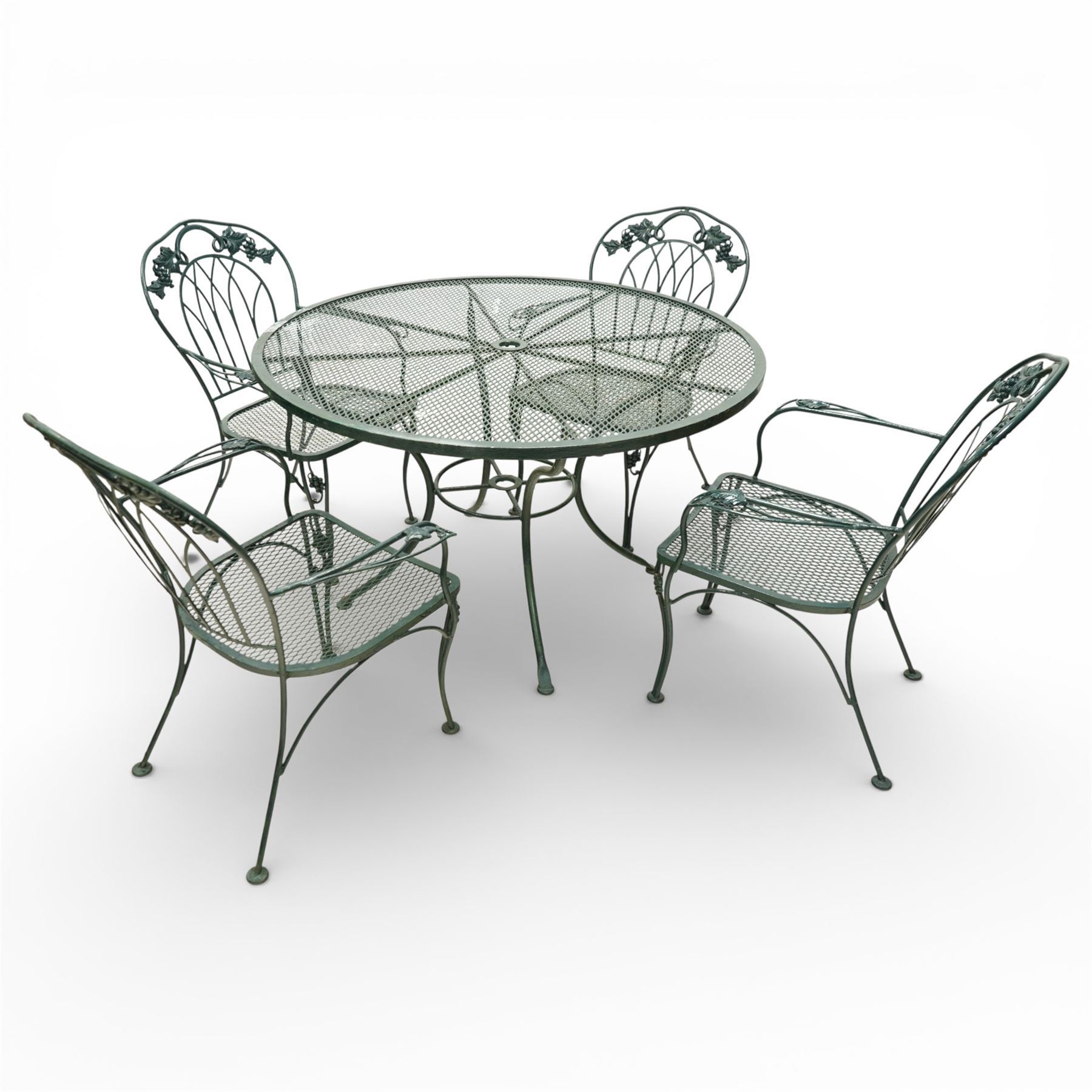 Green painted wrought metal garden table and chairs, with green striped cushions 