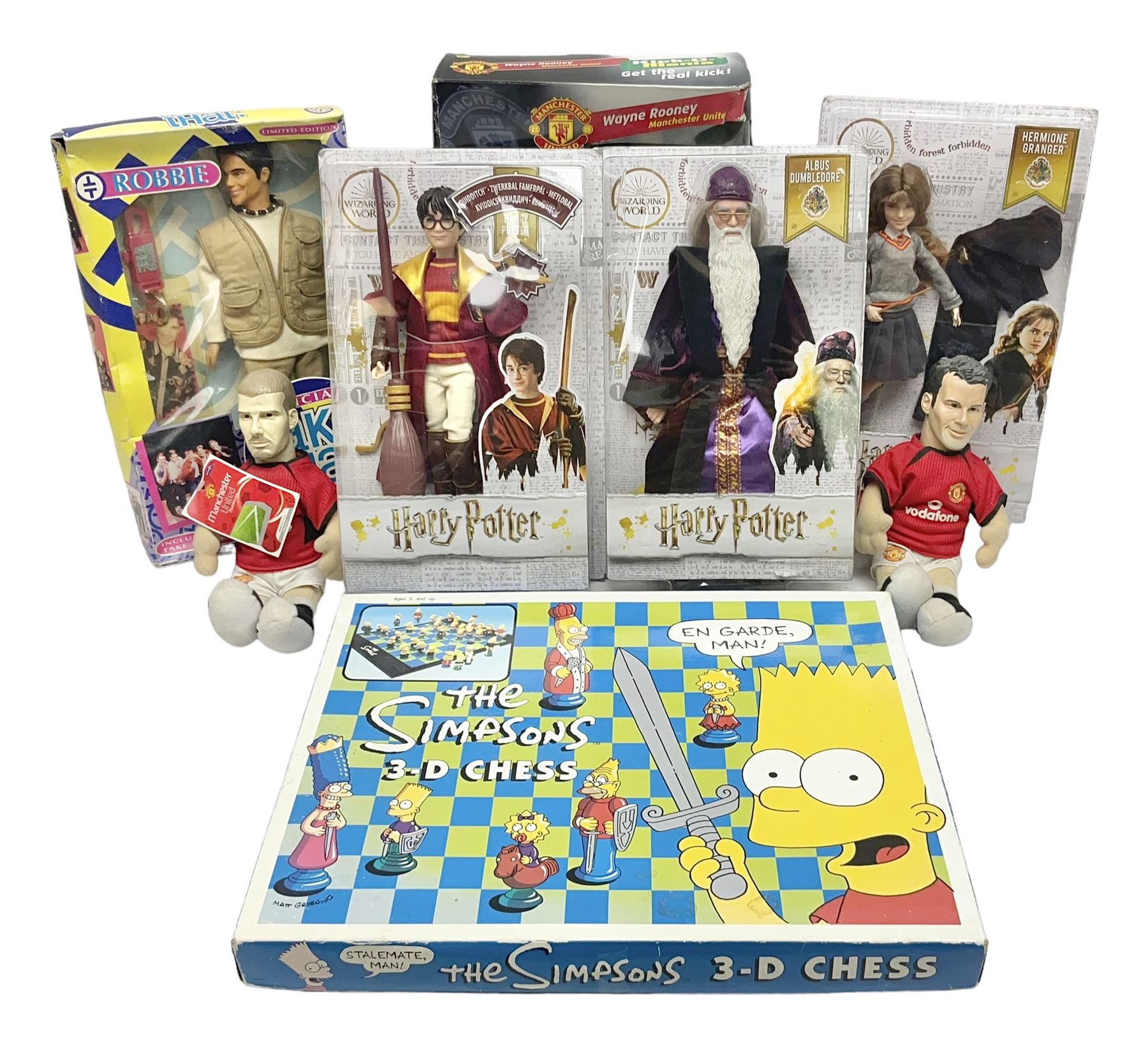 Three Mattel carded Harry Potter dolls - Harry, Hermione & Dumbledore; Vivid Imaginations Take That Robbie doll; all boxed; three Manchester United figures of players (one boxed); and The Simpsons 3-D Chess Game; boxed