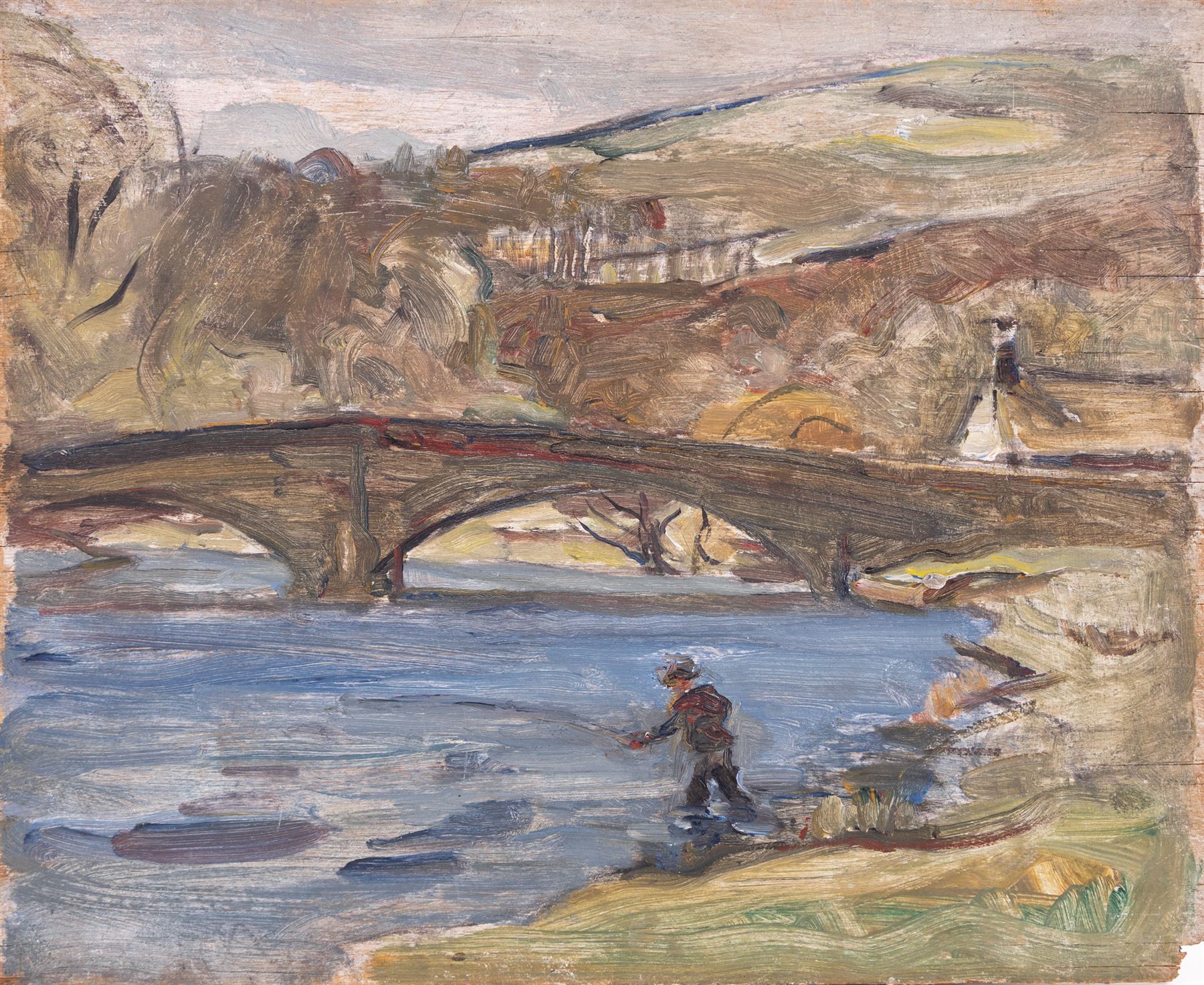 Florence Adelina Hess (Staithes Group 1891-1974): Angler and Bridge, oil on panel unsigned 23cm x 28cm (unframed) 
Provenance: exh. City of Bradford Corporation Art Gallery, Cartwright Memorial Hall, no.37, label verso; from the collection of Doris Bilbrough (née Sykes), cook to the Hess household in the 1930s, thence by descent through the family.
