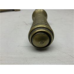 French Naval divers brass handled knife, the 20.5cm single edged steel blade held in place with wooden wedges, tapering ribbed grip with domed pommel and original screw-on scabbard with drain hole L38cm overall