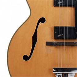 1980s Korean Antoria Jazzstar hollow body electric guitar, in blonde finish with inlaid fretboard, model no E G794, L109cm