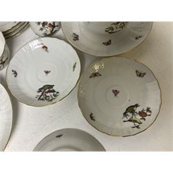 Herend of Hungary Rothschild bird pattern, part tea service, comprising two large teacups and saucers, two teacups and three saucers, milk jug, sugar bowl, five dessert plates and two side plates (18)