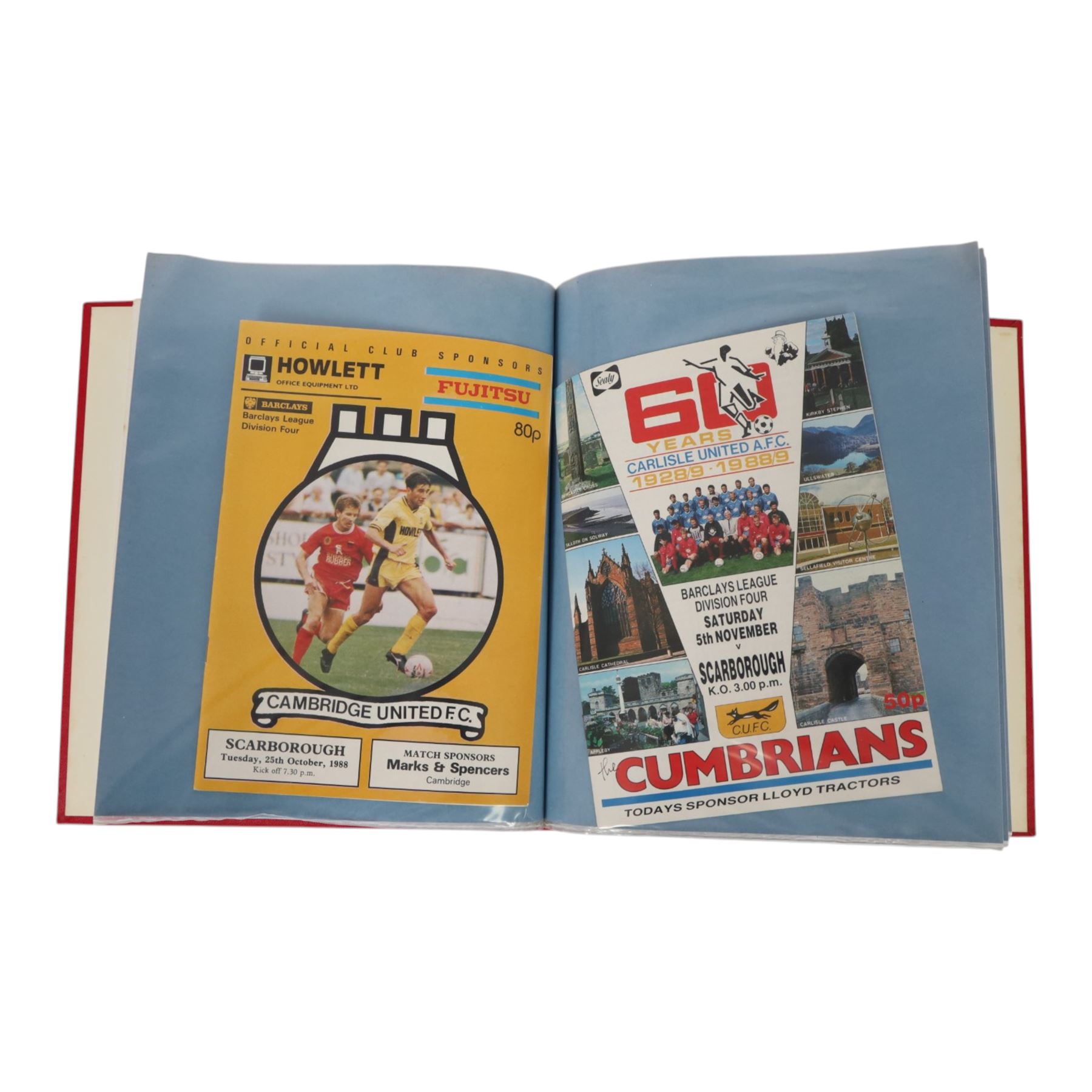 Comprehensive collection of approximately one-hundred and ninety Scarborough FC football programmes for the 1979/80, 1980/81 and 1981/82, 1982/83 seasons, all filed within eight dedicated Scarborough FC red Home and Away binders