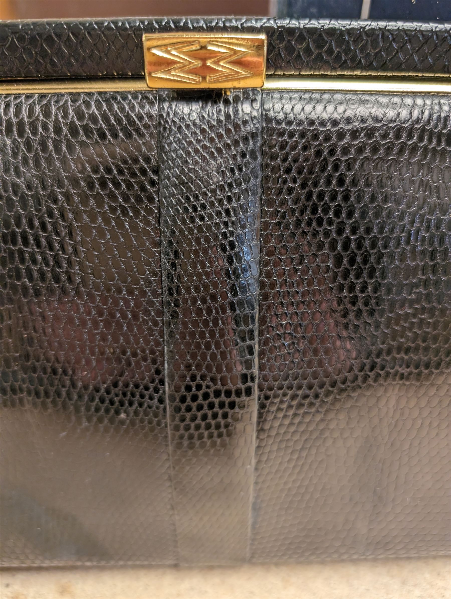 Vintage Mappin & Webb black lizard skin handbag and matching wallet, boxed
