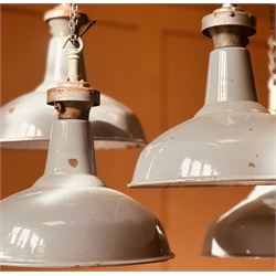 Set of four industrial grey enamel pendent light fittings, mid 20th century. H48cm, D41cm.  - COLLECTION BY APPOINTMENT FROM: The White House, Thirsk Road, Easingwold, York, YO61 3NF - CALL 01723 507111 TO ARRANGE